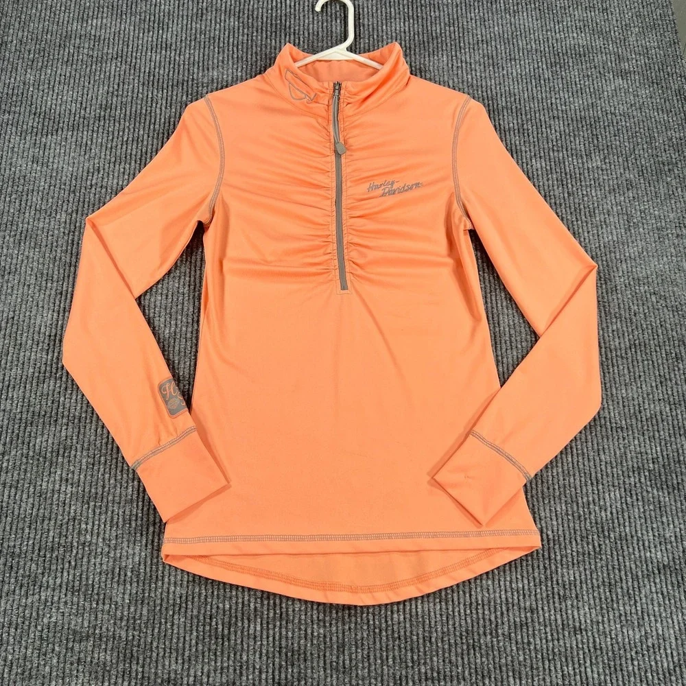 Harley Davidson Daytona Beach Pullover Shirt Womens Small Orange 1/4 Zip Biker
